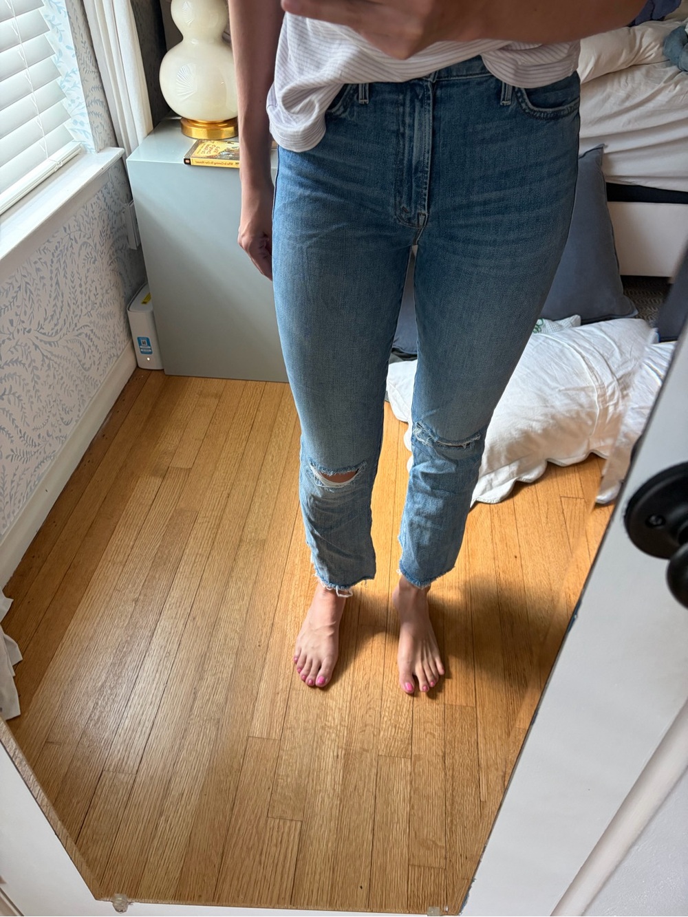 MOTHER Light Blue High-Rise Distressed Ankle Jeans